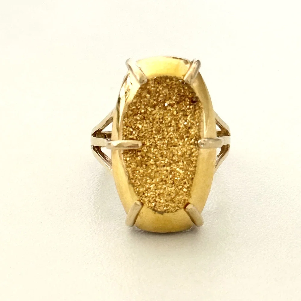 10K Yellow Gold Large Golden Druzy Quartz Big Statement Band Ring Size 8